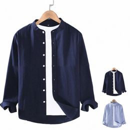 mens Linen Shirt Stand Collar Lg Sleeve Henley White Black Soft Comfortable Simple Spring Summer Men's Shirt Solid Colour S7MX#