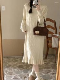 Casual Dresses Korobov French Ruffled Long-sleeved Knitted Dress Female Vestidos Autumn Winter Loose Mid-length Half High Collar Skirt