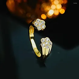 Cluster Rings 925 Silver Plated Gold Flower Opening Light Luxury Ring Set With High Carbon Diamonds Versatile And Elegant Female Style