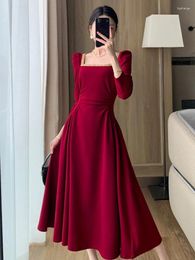 Casual Dresses 2024 Autumn Women Long Sleeve Midi Dress French Elegant Lady Square Neck A-line Party Maxi Vintage Red Vestidos Mujers