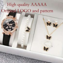6pcs/set Duoduo with Diamond Strap Quartz Watch+beaded Butterfly Bracelet Watch Set