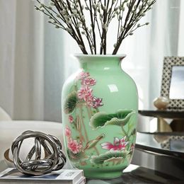 Vases Porcelain Vase Ornament Living Room Flower Arrangement Dry Antique Lotus Pattern Light Green Glaze