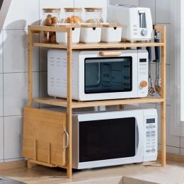 Racks New Kitchen Countertops Storage Shelf MultiLayer Bamboo Adjustable Microwave Oven Shelf with Hanging Hook Chopping Board Holder