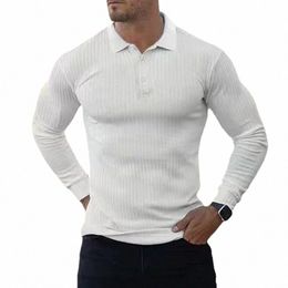 new Lg Sleeve T-shirts Men Autumn Lapel Collar Fi Casual Solid Colour Yoga Tops Lg Tshirts Butt-up Jogger T Shirt j30V#