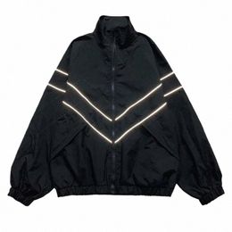 mens Reflective Striped Jacket Zipper Up Varsity Jackets Hip Hop Street Thin Coat Sports Black Loose Windbreaker Spring Autumn N7wt#