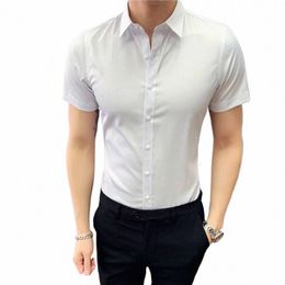 2022 New fi cott short sleeve shirt Solid Slim men's social casual busin white black dr shirt/ men dr shirt U2bi#