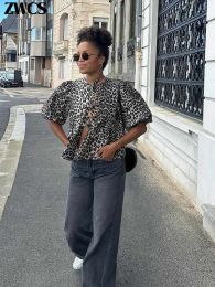 Leopard Print Lace Up Shirt Women Puff Short Sleeve Hollow Out O-neck Blouse 2024 Summer Female Fashion Commuter Tops Streetwear