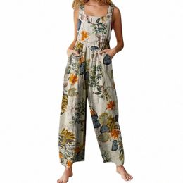 women Rompers Hot Summer New Loose Linen Cott Jumpsuit Sleevel Backl Leaf Floral Print Square Neck Playsuits Overalls I62u#