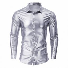 men 70's Disco Metallic Shiny Sier Shirts Regular Fit Lg Sleeve Clothing Male Fi Party Nightclub Prom Banquet Chemise P7HX#