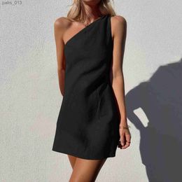 Basic Casual Dresses Women Mini Summer 2023 Boho Beach Linen Solid Color One Shoulder Slim Fashion Temperament Dress yq240328