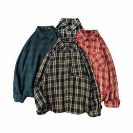 men's Spring Autumn Plaid Lg Sleeved Shirt Korean Couple Work Clothes Loose Casual Fi Shirts And Blouses M8r6#