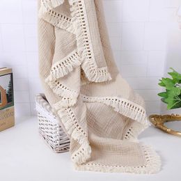 Blankets Born Baby Tassel Receiving Blanket Solid Color Cotton Muslin Swaddle For Infant Sleeping Quilt Bed Cover Wrap