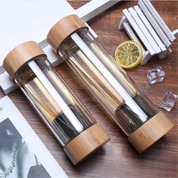 300ml 400ml Travel Glass Water Bottle with Stainless Steel Tea Infuser Philtre Double Wall Sport Tumbler Bamboo Lid 240314