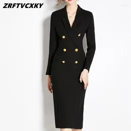 Casual Dresses Vintage Runway Women's Black Bodycon Dress Autumn Suit Collar Long Sleeve Lady Double Breasted Office Midi Party Vestidos