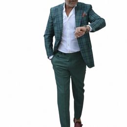 new Men Suit Tailor-Made 2 Pieces Sequins Green Plaid Stripes Blazer Pants Single Breasted Busin Wedding Plus Size Tailored D9ns#