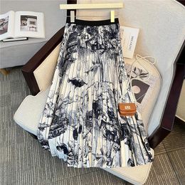 Skirts 2024 Women's Pleated Skirt Lady Elegant Vintage All-match Slim Ink Printing High Waist A-Line Long For Women