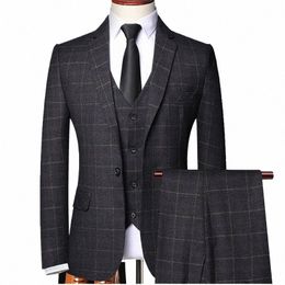 shenrun Men 3 Pieces Suit Spring Autumn Plaid Slim Fit Busin Formal Casual Cheque Suits Office Work Party Prom Wedding Groom K4HW#