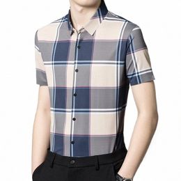 2022 Seaml Thin Male Shirts Luxury Short Sleeve Busin Casual Big Plaid Men's Dr Shirts Summer Simple Man Shirts 4XL Y6Ky#