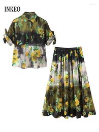 Work Dresses 2024 Arrival Floral Print Shirt Bow Short Sleeve Tops Blouse Women High Waist Pleated Midi Skirt Outfit Streetwear 4T034