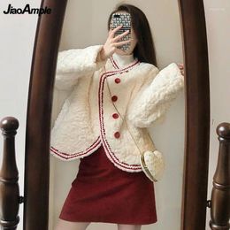 Work Dresses Women Sweet Lamb Coat Mini Skirts Two Piece Set Korean Autumn Winter Lady Warm Jackets Red Wrap Skirt Outfits 2024 Clothing
