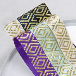 accessories 50Yards 25mm Hologram Gold Foil Geometric Diamond Yama Satin Ribbon Welcome Custom Printed