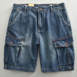 Men's Shorts Retro American Heavy Washed Cotton Denim Men Loose Straight Half Jeans Pants Summer Vintage Cargo Workwear Knee Length