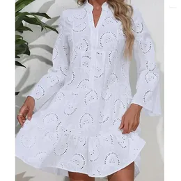 Casual Dresses Summer White Flare Sleeve High-waist Lace Women Dress Elegant Hollow Embroidery Solid V-neck Loose Vestido 27725