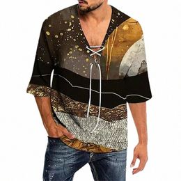 2022 New Men'S Hollow Out Linen Blouse Shirt Male Sexy Deep V Neck Bandage Shirts Casual Retro Printed Linen Tshirt Tops S-4xl j07l#