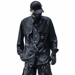 2023 Paratrooper Techwear Style Ribb Metal Buckle Lg Sleeve Shirts For Men Black White Decstructive Design Cargo Shirt E3By#