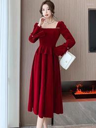 Casual Dresses Red Dress Party Evening Elegant Luxury Celebrity Autumn Winter Velvet Chic Beading 2024 Bodycon For Wedding Women