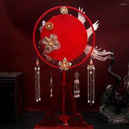 Decorative Figurines Double-sided Phoenix Round Fan Luxury Long Handle Chinese Style Bridal Hand Embroidery Handmade Party