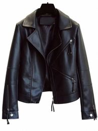 spring Autumn Vintage Faux Leather Jacket Women Brown Moto Biker Leather Coats Casual Street Wear Zipper PU Basic Outwear 69ON#