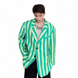 men's Blazers Male Fi Streetwear Chic Vintage Casual Loose Green Striped Suit Blazer Coat Male Women Korean Blazer Jacket e22t#