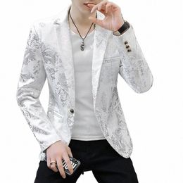 men's Blazer Fi Floral Print White Black Busin Casual Coat Banquet Wedding Party Dr One Butt Male Slim Suit Jackets 49Gy#