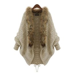 Women'S Sweaters Winter Women Cardigan Loose Sweater Faux Fur Collar Batwing Sleeve Knit Jacket Coats Casual Asian Size Drop Delivery Dhuc4