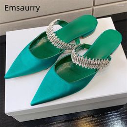 Slippers Jeweled Crystal Rhinestone Women Flat Heel Sexy Pointed Toe Luxury Satin Slip-on Summer Mules For Girls