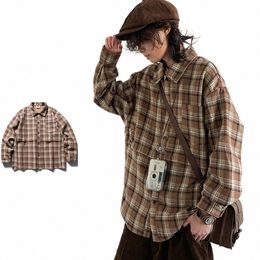 retro Fleece Shirt Men Women Harajuku Patchwork Check Loose Cardigan Coat Japanese Casual Lapels Lg Sleeves Autumn Unisex Tops s40X#