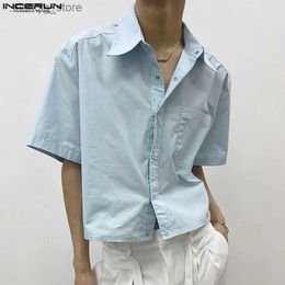 Men's T-Shirts 2023 Men Shirt Solid Lapel Short Sleeve Pockets Loose Streetwear Men Clothing Korean Fashion Casual Male Crop Tops S-5XL24328