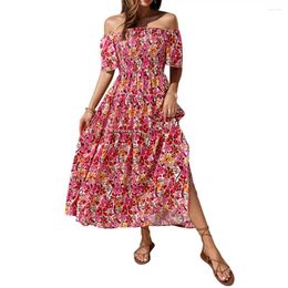 Casual Dresses Women Dress Off Shoulder Flower Print A-line Patchwork Loose Hem Shirring Backless Short Sleeves Summer Vacation Style