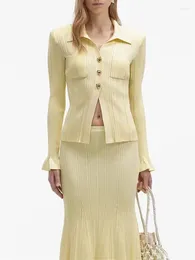 Work Dresses Women Yellow Knit Sweater Or Skirt Set Stretch Metal Buttons Turn-down Collar Long Sleeve Coat High Waist Pleated Midi