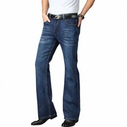 mens Flared Jeans Boot Cut Leg Flared Male Designer Classic Denim Jeans High Waist Stretch Loose Flared Denim Dark Blue Jeans T6Dk#