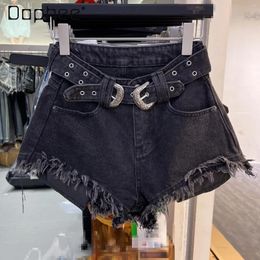 Women's Jeans Baggy A- Line Black Denim Shorts Trendy Summer 2024 Rough Edges Pants High Waist Slimming Short