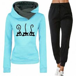 2023 New Arrival Women's Cute Cat Hooded Outfits Hoodies And Sports Pants High Quality Ladies Daily Casual Warm Tracksuit Suit P4hn#
