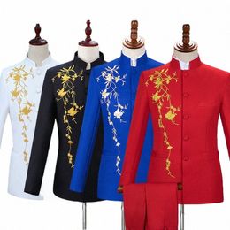 chinoiserie Style Men Stand Collar Embroidery Suit 2 Piece Black / White / Red Fi Men's Stage Party Perform Blazer and Pant p4ZO#