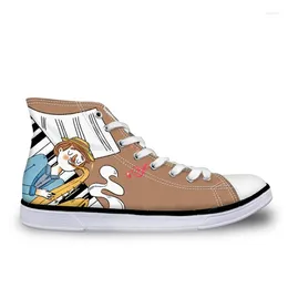 Casual Shoes Funny Music Cartoon Pattern Women High Top Vulcanize Piano Print Girls Lace-up Canvas Female Sports Sneakers