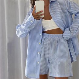 Wear Tracksuit Women Shorts Set Stripe Long Sleeve Shirt Tops And Waist Loose High Mini Two Piece Sets 240328