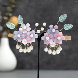 Hair Clips Pink/Purple Flower Hairpins Pearls Pendant Jewelry Handmade Floral Headpieces Retro Chinese Accessories For Women