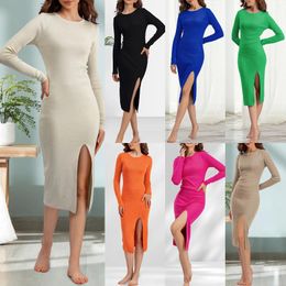 Casual Dresses Women Tunic Maxi Dress Crew Neck Bodycon Elegant Knit Long Side Slit Slim Fit Solid Colour Vacation Outfit