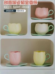 Wine Glasses 350ML Suits Tulip Ceramics Mugs Flower-shaped Coffee Milk Mark Cups Saucers Plate Set Drink