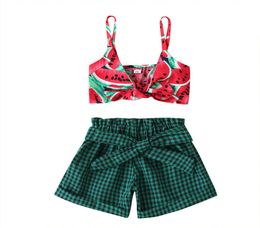 Gilrs Clothing Set Watermelon Braces TopsChecker Pants Outfits Summer Kids Boutique Clothes 04T Children 2 PC Suit Fashion1141813